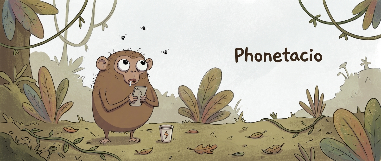 Phonetacio the monkey, hunched over a glowing phone in the jungle, drooling, flies circling his head, an energy drink cup at his feet.